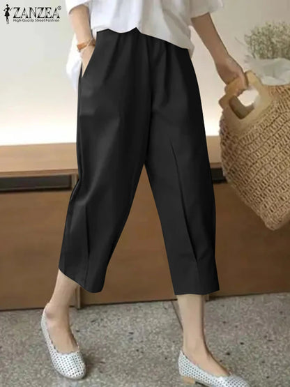 Women Cropped Pants Pleating Pant Holiday Casual Loose Solid Color Trousers