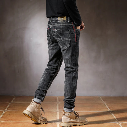 High fashion designer vintage men's jeans black Gray elastic slim ripped jeans men's pants casual stretch jeans Hombre