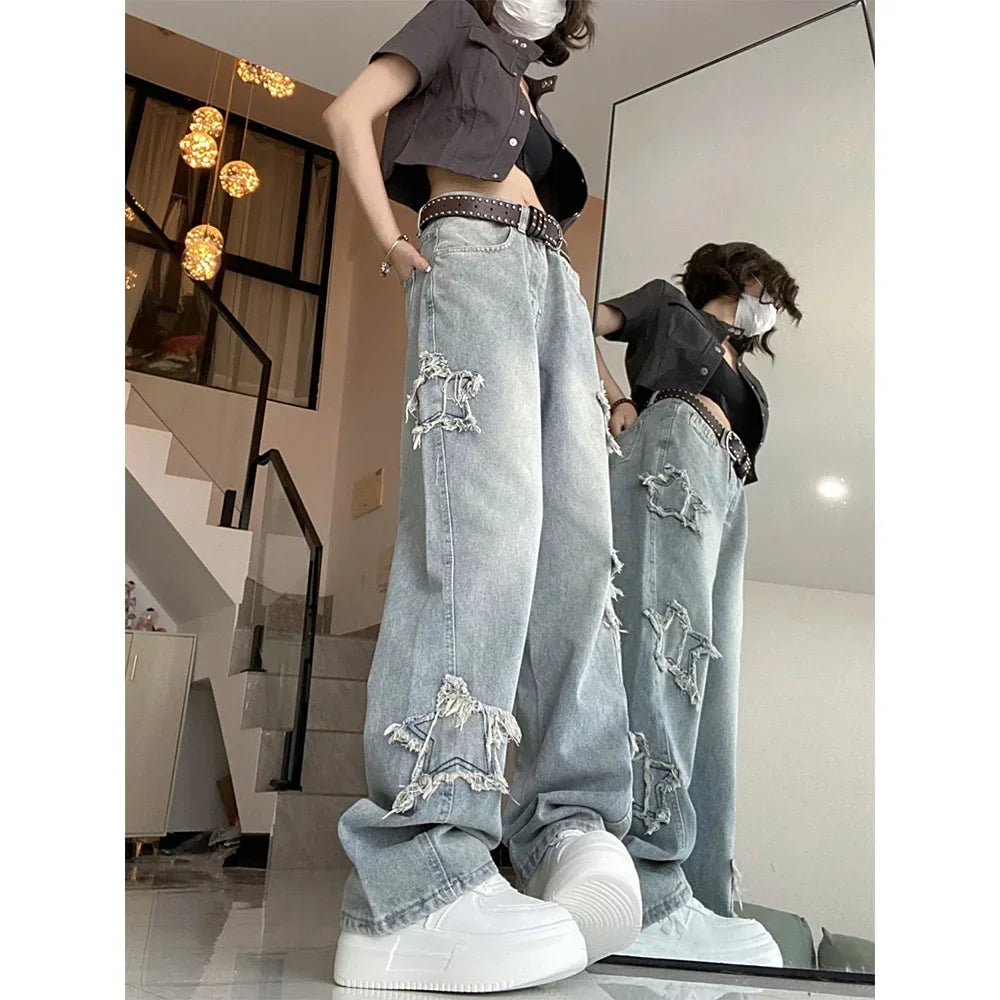 Blue Jeans for Women Korean Ins High-waisted Straight Wide-leg