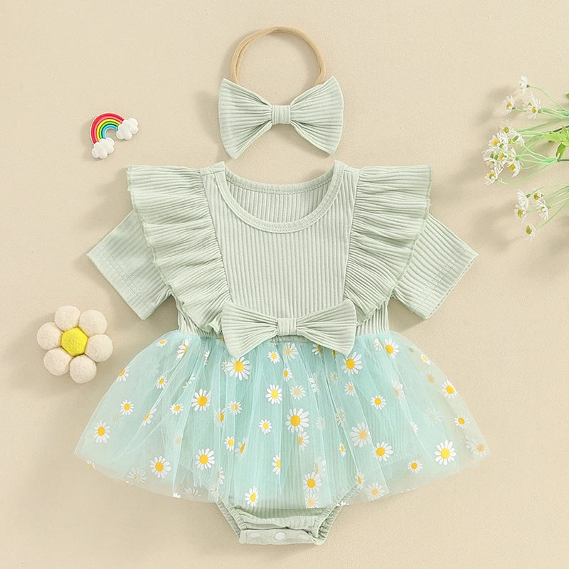 Baby Clothing Girl 2 Piece Outfits Daisy Print Ribbed Short Sleeve Mesh Romper Dress with Cute Headband Set Summer Clothes