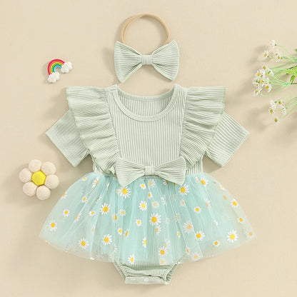 Baby Clothing Girl 2 Piece Outfits Daisy Print Ribbed Short Sleeve Mesh Romper Dress with Cute Headband Set Summer Clothes