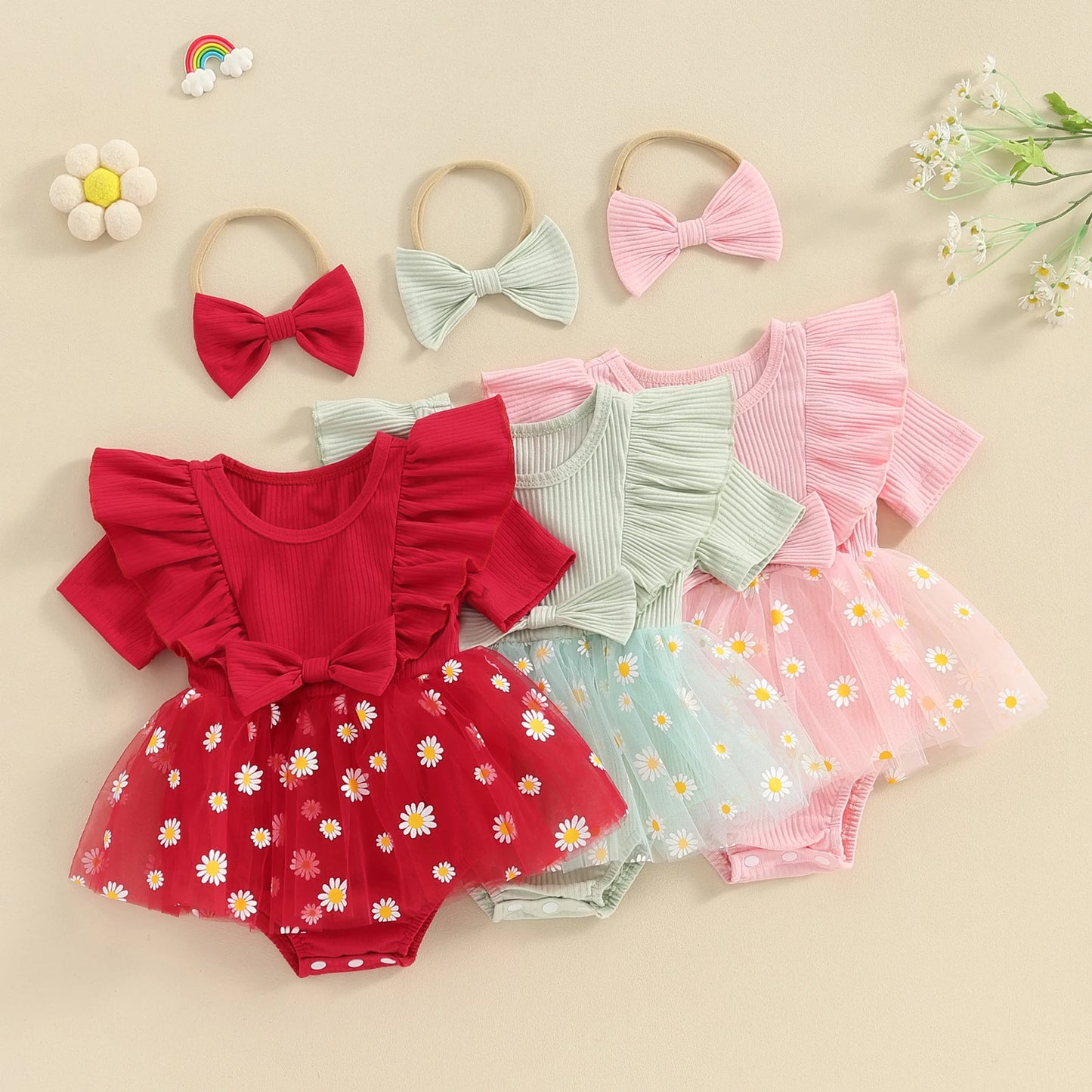 Baby Clothing Girl 2 Piece Outfits Daisy Print Ribbed Short Sleeve Mesh Romper Dress with Cute Headband Set Summer Clothes