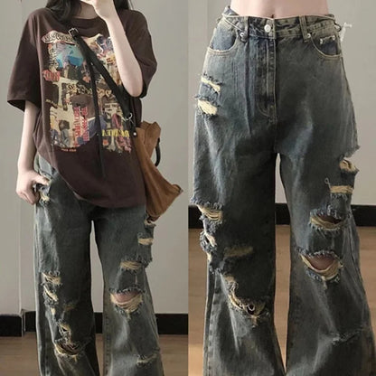 Hong Kong Style High Street China-Chic 2024 Summer New Spicy Girls Fashion Loose Wide Leg High Waist Casual Broken Jeans