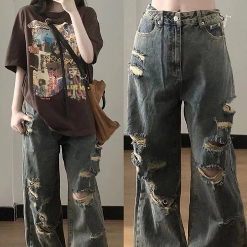 Hong Kong Style High Street China-Chic 2024 Summer New Spicy Girls Fashion Loose Wide Leg High Waist Casual Broken Jeans