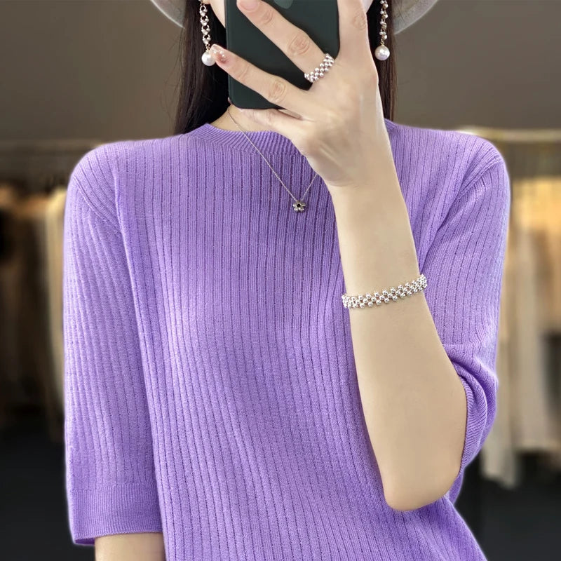 2023 Summer Women's Short Sleeve Women's Cashmere Short Sleeve T-shirt Pullover Women's Knitted Sweater T-shirt Top