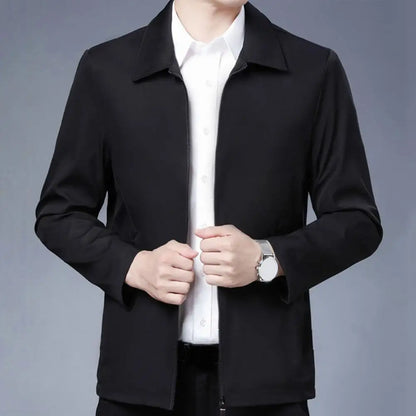 Zipper Pockets Men Jacket Elegant Mid-aged Men's Lapel Jacket Stylish Zipper Closure Straight Fit Soft for Formal