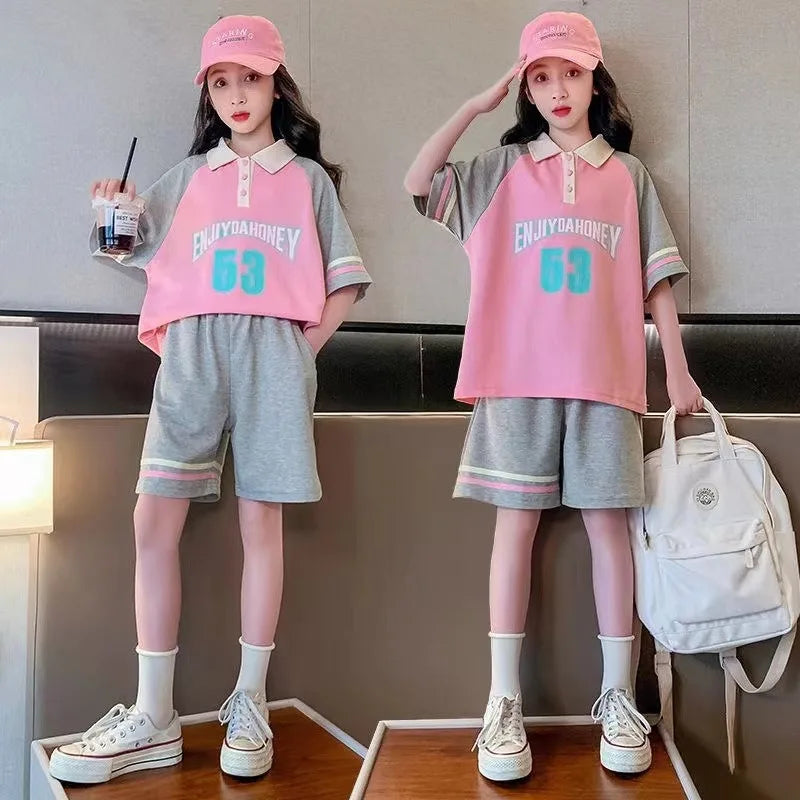 Summer Teenage Girls Clothes Set Children Girl Lapel Letter Tshirts and Shorts 2 Pieces Suit Kid Top Bottom Outfits Tracksuits