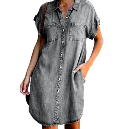 Women Denim Shirt Dresses Short Sleeve Distressed Jean Dress Button Down Casual Tunic Top RERF1987