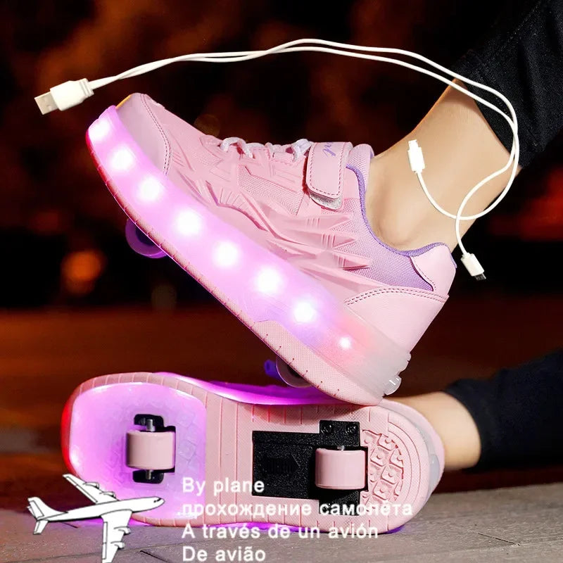 2024 New 29-40 USB Charging Children Sneakers With 2 Wheels Girls Boys Led Shoes Kids Sneakers With Wheels Roller Skate Shoes