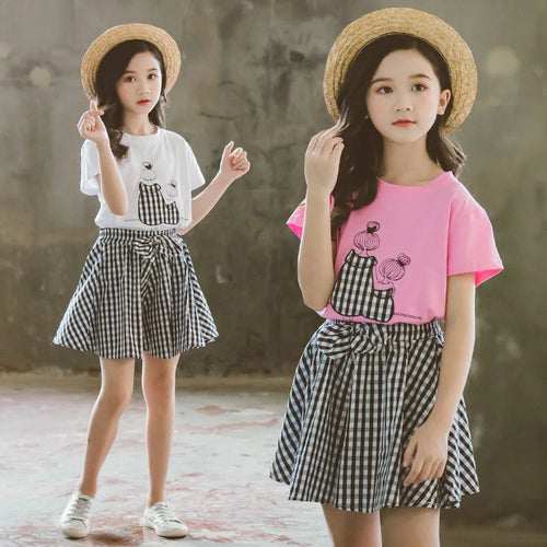 2024 Summer baby kids Girls Clothes Children Set Outfits Fashion Toddler T-shirt + Plaid Skirt 2 3 4 5 6 7 8 9 10 11 12 13 Years