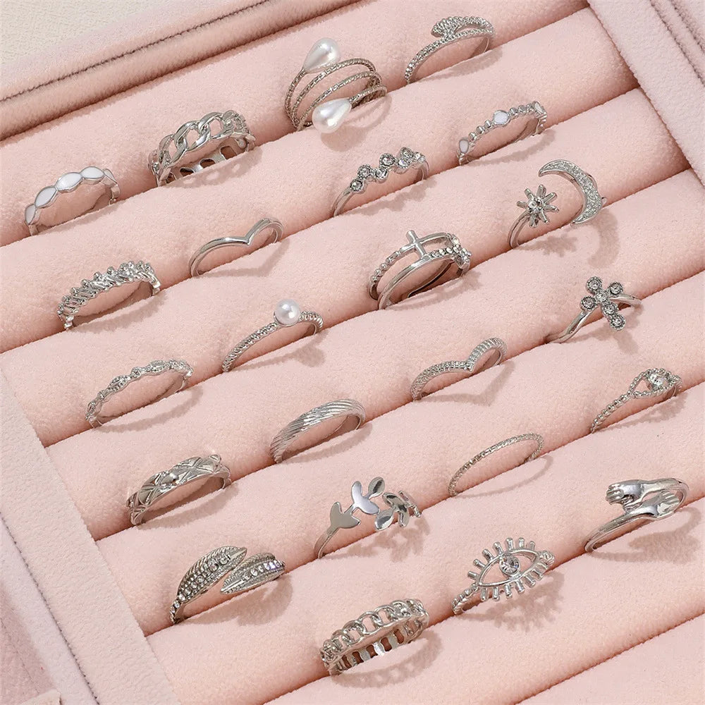 Silver Color Geometric Knuckle Rings Set For Women Eye Cross Sun And Moon Leaf Charm Finger Ring Female Boho Party Jewelry