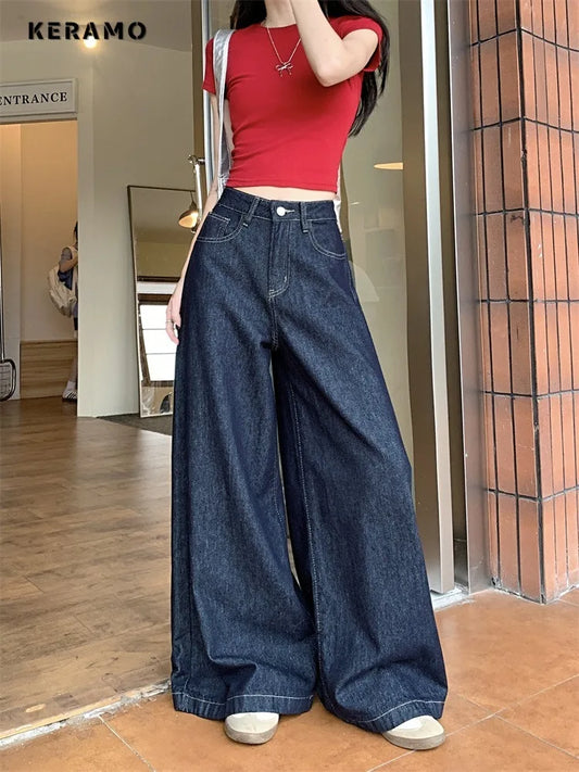 Retro High Waist Oversized Wide Leg Jeans For Women Casual Baggy Pocket Y2K Pants Grunge American Streetwear Solid Denim Trouser