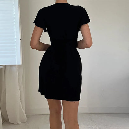 Women's Bodycon Deep V Neck Slim Fitted Cocktail Mini Short Dress With Ruffle Short Lotus Sleeve For Party