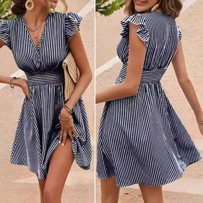 Pleated Detail Dress Elegant Striped Print V Neck Mini Dress with Ruffle Hem for Women Summer A-line Dress with for Dating