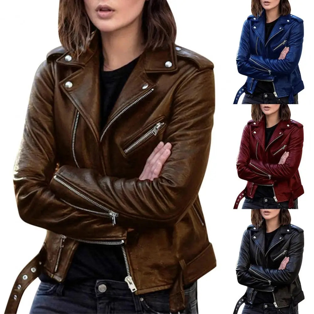 Female Moto Biker Jackets Thin Ladies Cool Faux Leather Jacket