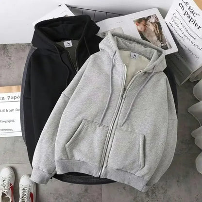 Fleece-lined Thickened Sweatshirt Hooded Zip-up Warm Top Loose-fit Autumn/winter Cardigan Jacket For Men Women Couples