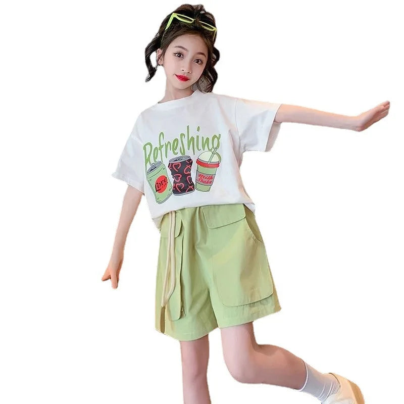 Children's Top and Bottom Clothes Set Korean Version 2024 Summer New Trendy Girls Cartoon Letters Short-sleeved Two-piece Set