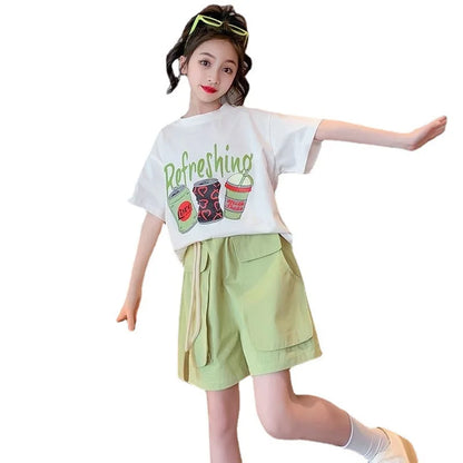 Children's Top and Bottom Clothes Set Korean Version 2024 Summer New Trendy Girls Cartoon Letters Short-sleeved Two-piece Set