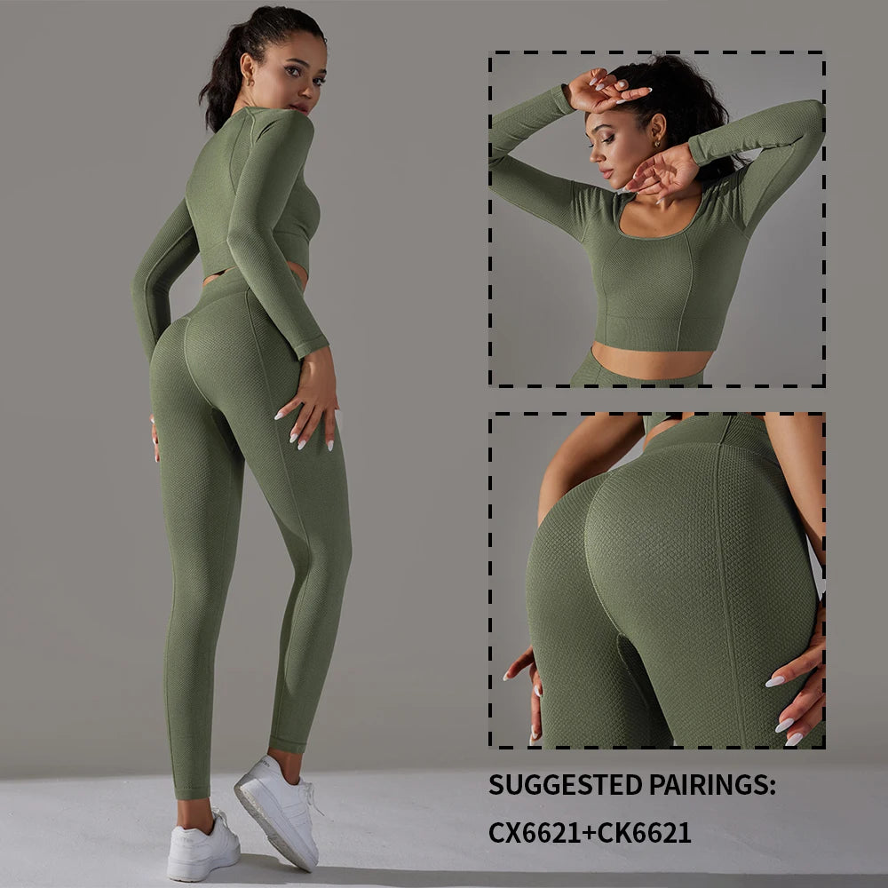 Vnazvnasi Seamless Women's Sports Set Long Sleeve Yoga Suit for Fitness Push Up Tights Sportswear Workout Clothes Outfit 2 Pcs