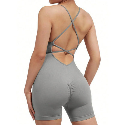 Yoga Sxy Criss Cross Backless Cami Sports Romper,Women's Jumpsuits Ribbed One Piece Workout Sleeveless Rompers Tank Top Shorts