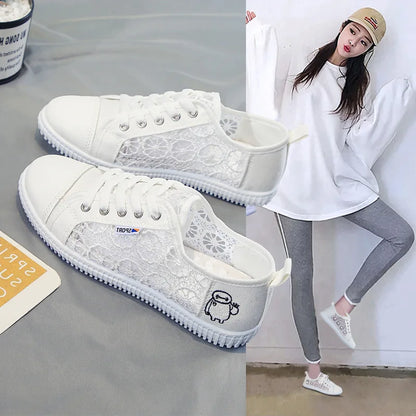 White Shoes Female Lace Breathable 2023 Summer New Mesh Flat Shoes for Women Fashion Solid Woman Sneakers Zapatos