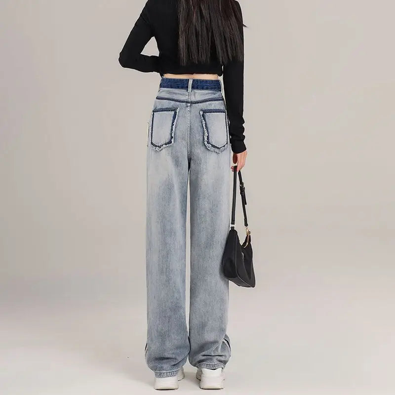 2024 Spring/Summer New High Waist Wide Leg Jeans Women's Loose and Slim Fashion Straight Leg Pants Trendy