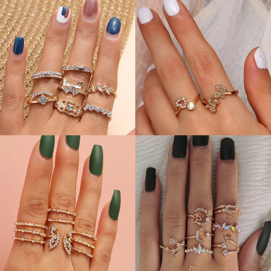 Vintage Bohemian Star Moon Butterfly Gold Color Ring Sets Zircon Flower Leaf Open Rings for Women Simple Knuckle Accessories