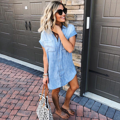 Summer Button Short-sleeved Denim Shirt Dress Women