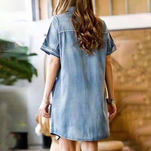 Casual Women Denim Pocket Short Sleeve Dress