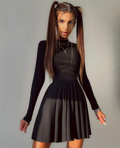 Y2K Long-sleeved Dress With Hollow Design Fashion Solid Color Round Neck A-line Dresses Fall Wainter Women's Clothing