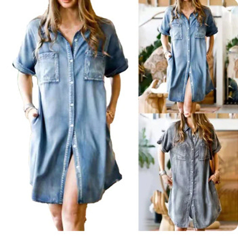 Casual Women Denim Pocket Short Sleeve Dress