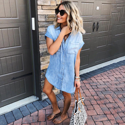 Summer Button Short-sleeved Denim Shirt Dress Women