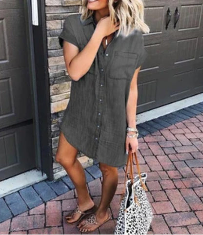 Summer Button Short-sleeved Denim Shirt Dress Women